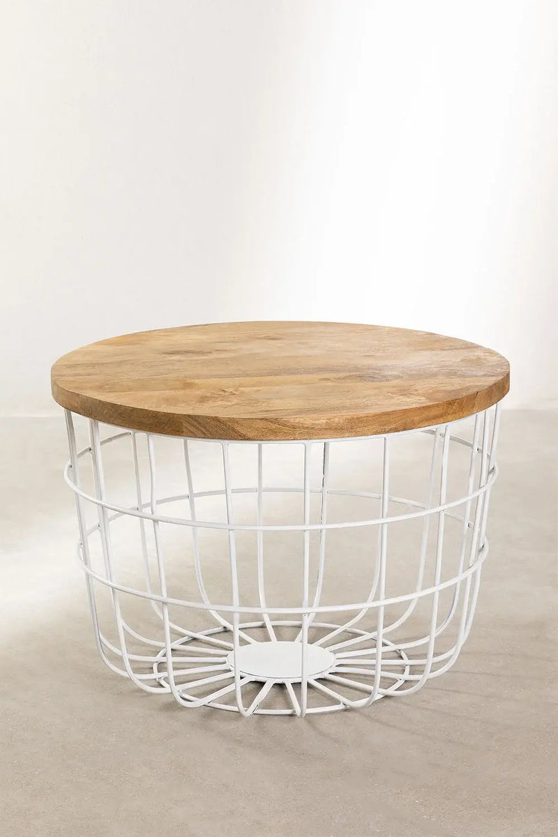 Round Solid Wood Top with Metal Base Coffee Table (Mango Wood - Natural + Black Powder Coated) 