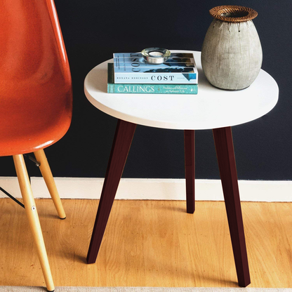 Mid-Century Modern End Table: Perfect Bedside Nightstand or Living Room Side/Accent Table - White Round Tabletop & 3 Acacia Legs- Set of 2