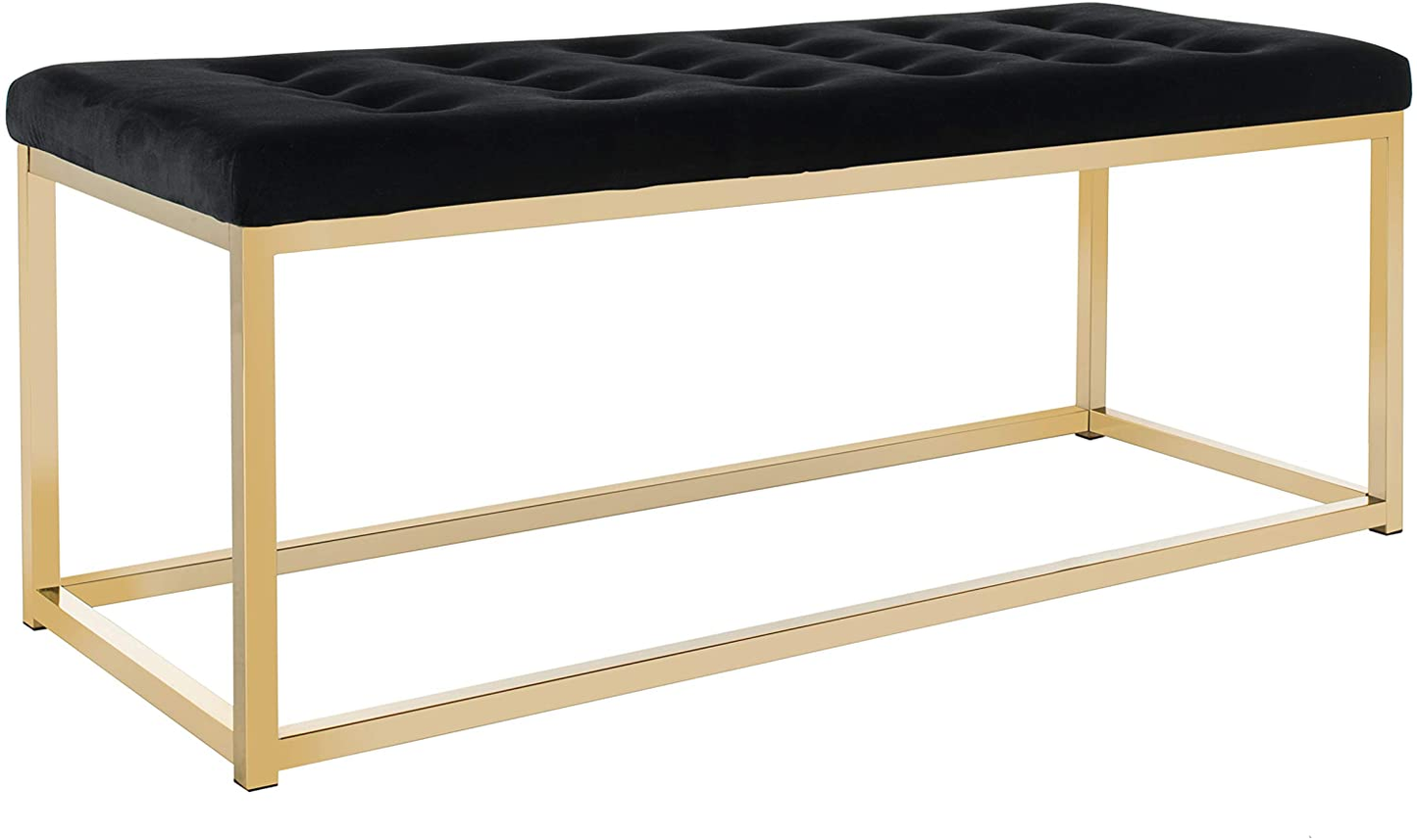 Modern Tufted Upholstered Velvet and Metal Bench Ottoman