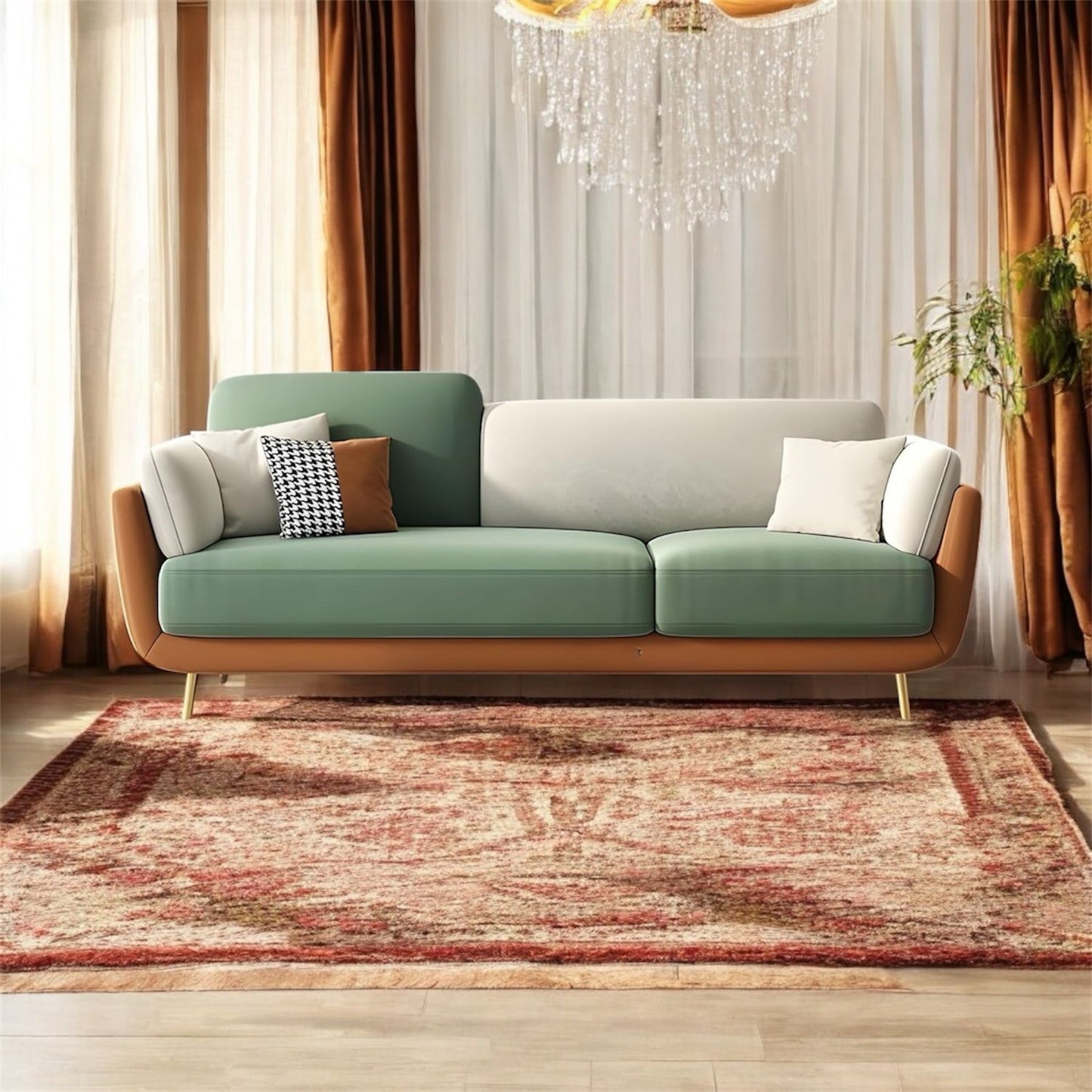 Aprodz  Luxelle Earthy Colourblock 3-Seater Sofa – Sage Green, Beige & Tan Fabric Couch | Gold Metal Legs | Removable Cushions | Stylish Modern Sofa for Living Room