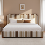 Upholstered Bed with Scalloped Wave Headboard, Striped Fabric Bed Frame for Bedroom, Modern Platform Bed with Wooden Feet, Beige Brown Stripe(Cream & Brown Stripe) 