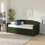 Krease Upholstered Daybed with Trundle Bed in green velvet, styled in a cozy room with a rug and side tables, ideal for guest or kids' rooms.
