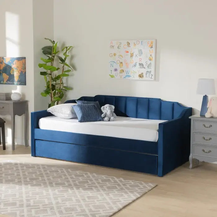 Translation missing: en.Navy blue Krease Upholstered Daybed with Trundle Bed in a bright room, perfect for stylish guest or kids' spaces