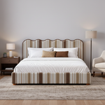 Upholstered Bed with Scalloped Wave Headboard, Striped Fabric Bed Frame for Bedroom, Modern Platform Bed with Wooden Feet, Beige Brown Stripe(Cream & Brown Stripe) 