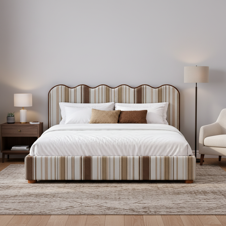 Translation missing: en.Upholstered Bed with Scalloped Wave Headboard, Striped Fabric Bed Frame for Bedroom, Modern Platform Bed with Wooden Feet, Beige Brown Stripe(Cream &amp; Brown Stripe) 