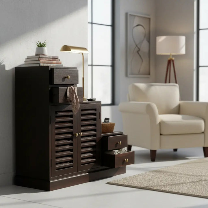 Translation missing: en.Zuni Sheesham Wood Shoe Rack Cabinet | Solid Wooden Shoe Storage with Drawers &amp; Doors | Modern Shoe Organizer for Home | Dark Brown 