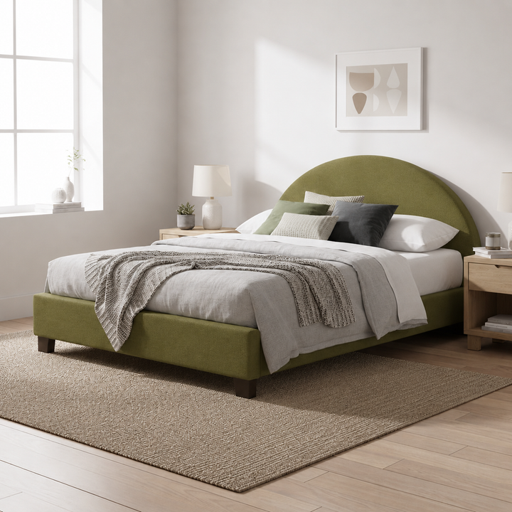 Translation missing: en.Upholstered Bed Frame, Green Fabric with Wooden Construction, Arched Headboard Platform Bed 