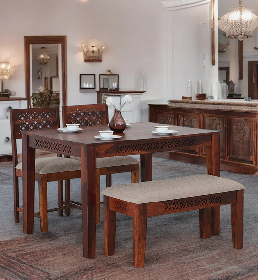 Sheesham Wood Durque 4 Seater Dining Table Set with 1 Bench and 2 Chair for Home | Dining Furniture