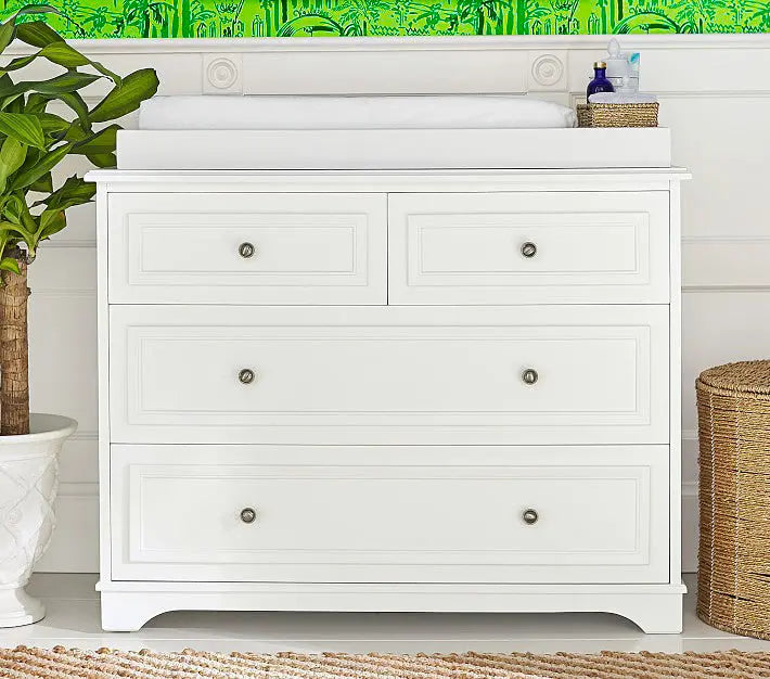 Mango Wood Norto Extra Wide Dresser & Topper Set with Topper Mattress Changing pad is Also Included/White Color 