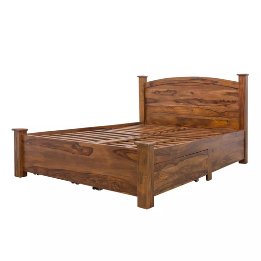 Sheesham Wood Kermit Bed with 2 Drawers for Bedroom | Brown Finish