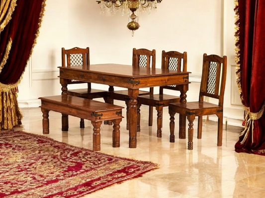 Sheesham Wood Reyk 6 Seater Dining Table Set with 1 Bench & 4 Chairs for Home Dining Room Furniture