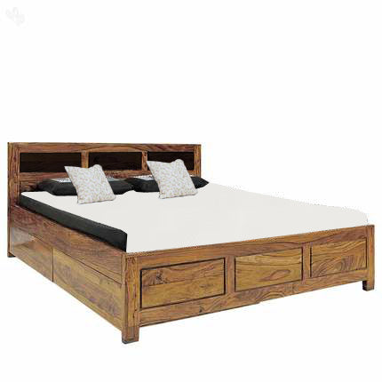 Sheesham Wood Kansas Bed with 4 Drawers for Bedroom | Brown Finish