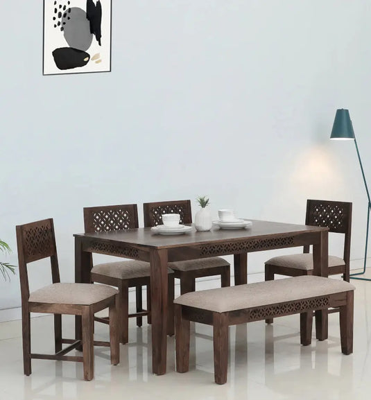 Translation missing: en.Sheesham Wood Durque 6 Seater Dining Table Set with 1 Bench and 4 Chair for Home | Dining Furniture 