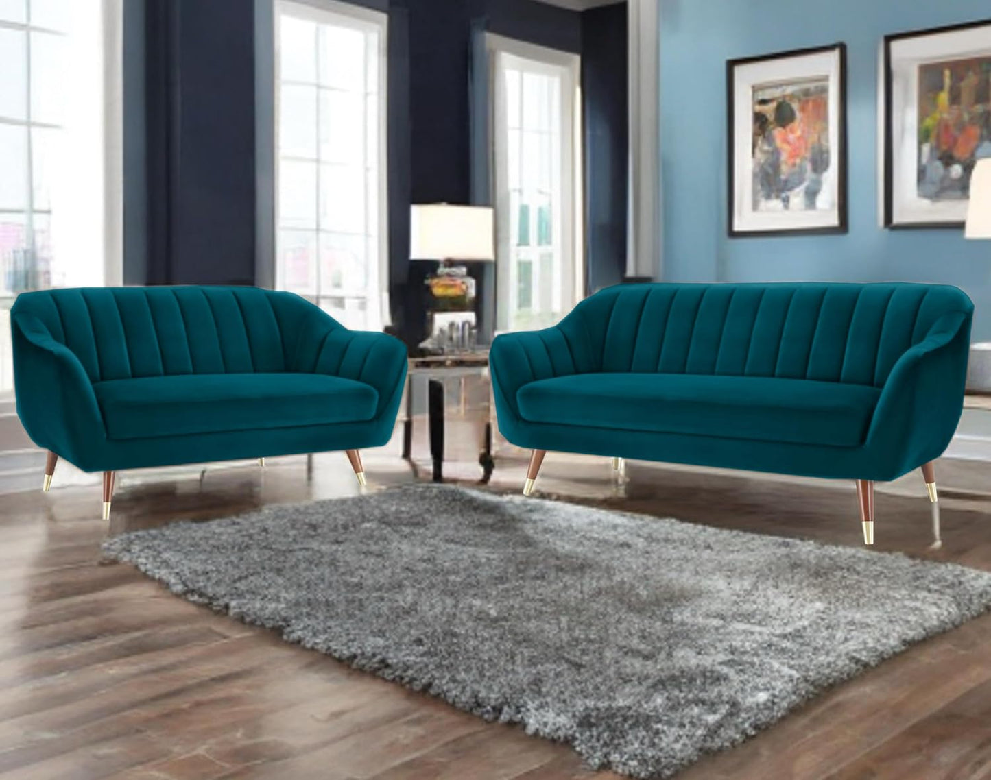 APRODZ Lumina Modern Velvet 3+ 2 Seater  Sofa with Tufted Backrest & Wooden Legs – blue |  for Living Room & Lounge