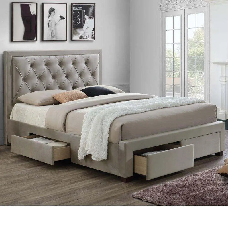 Jere Upholstered Bed with 4 Drawers for Bedroom (Suede Fabric Upholstery - Grey) 