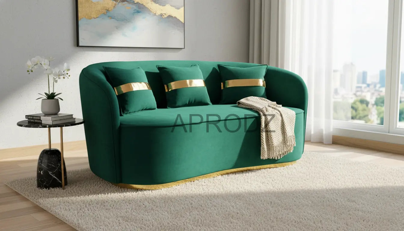 Green sofa with gold accents in a modern living room setting.