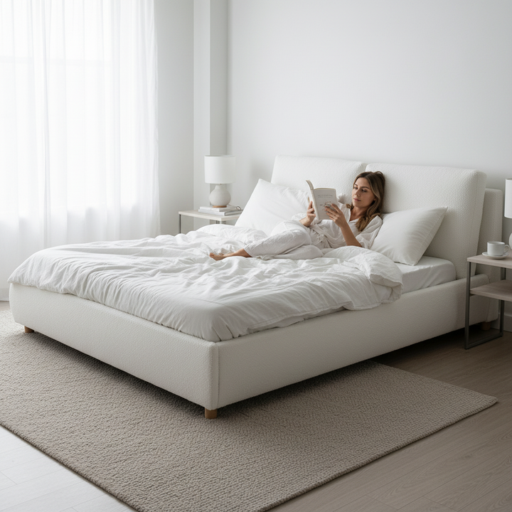 Translation missing: en.Boucle Fabric Upholstered Platform Bed with Two Removable Pillow Headboard, White Finish 
