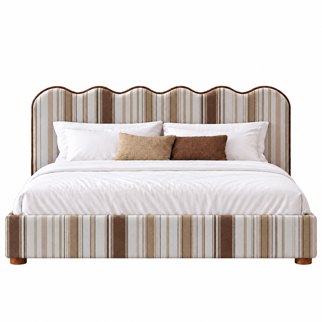 Upholstered Bed with Scalloped Wave Headboard, Striped Fabric Bed Frame for Bedroom, Modern Platform Bed with Wooden Feet, Beige Brown Stripe(Cream & Brown Stripe) 