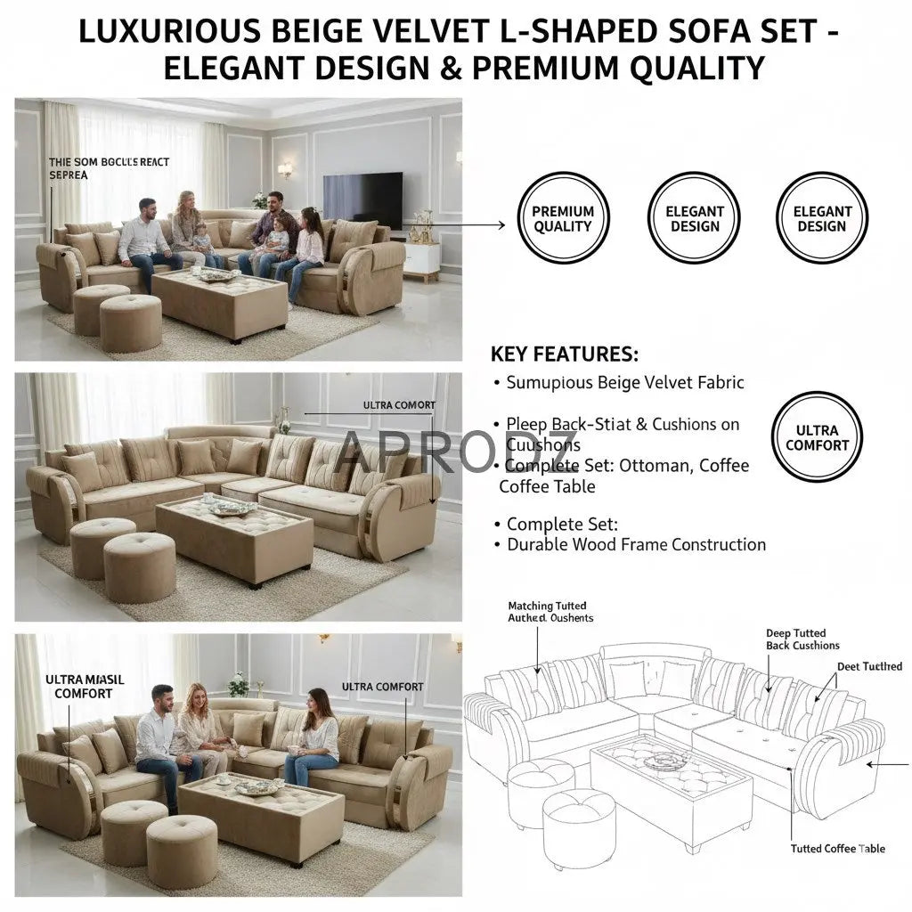 L-Shaped Sectional 6-Seater Sofa with Coffee Table & 2 Ottoman Stools Padded Armrest Perfect Fabric Corner Sofa for Guests Living Room, Drawing Room, Office & Lounge (Beige) 
