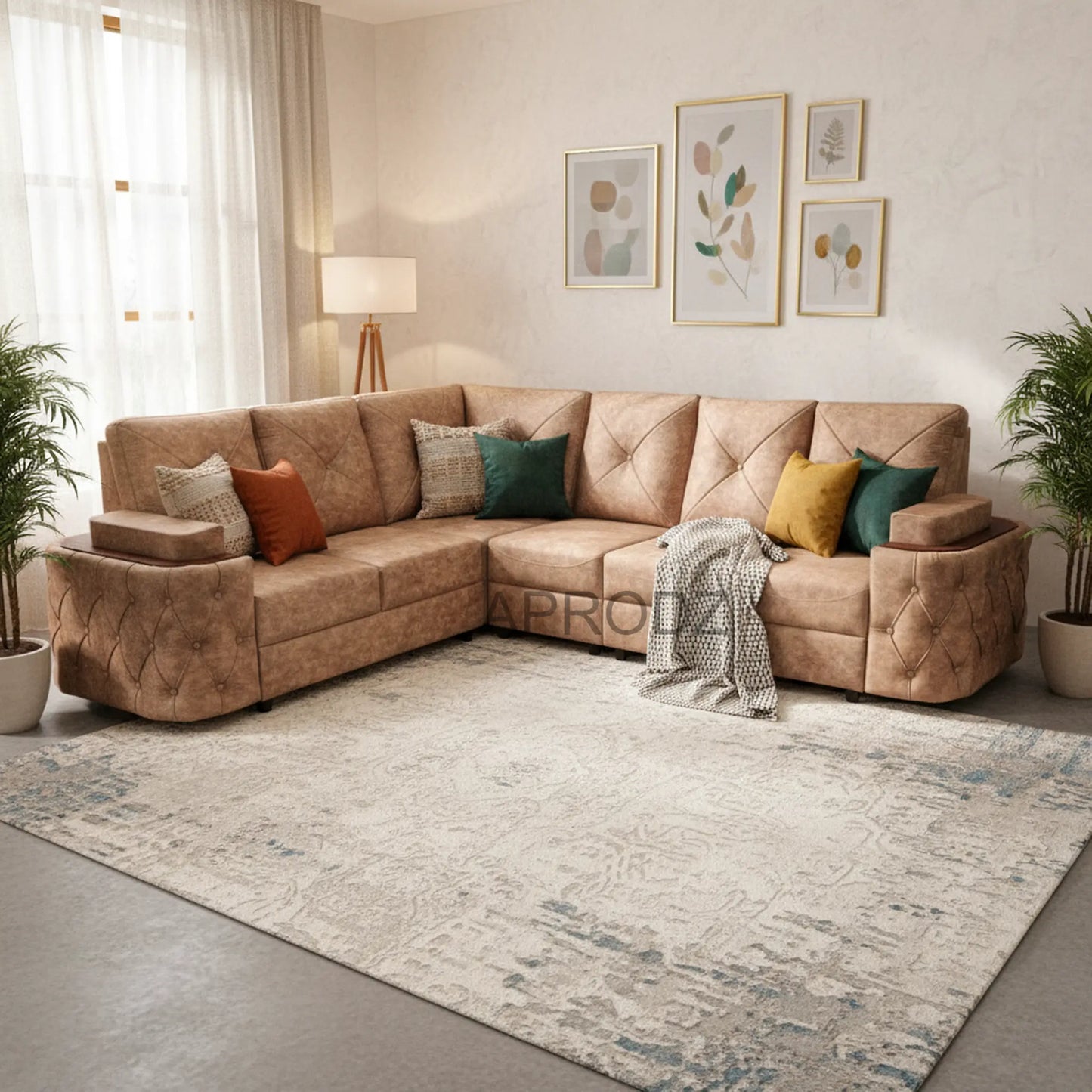 7-Seater Sofa with Padded Armrest, Premium Faux Leather Fabric Corner Sofa for Guests, Living Room, Drawing Room, Office & Lounge (Beige) 