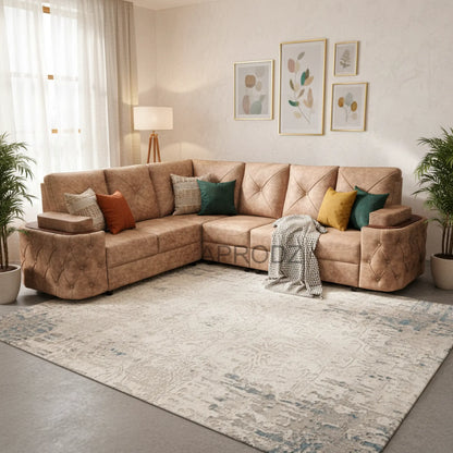 7-Seater Sofa with Padded Armrest, Premium Faux Leather Fabric Corner Sofa for Guests, Living Room, Drawing Room, Office & Lounge (Beige) 