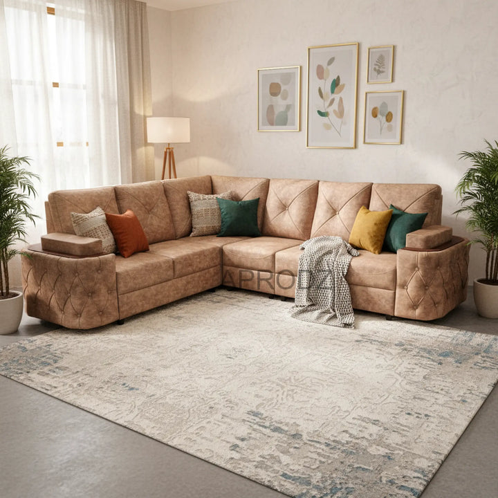 Translation missing: en.7-Seater Sofa with Padded Armrest, Premium Faux Leather Fabric Corner Sofa for Guests, Living Room, Drawing Room, Office &amp; Lounge (Beige) 