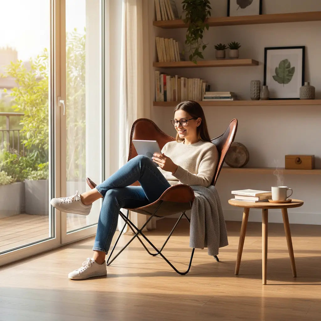 Butterfly Chair with Genuine Leather Upholstery | Modern Accent Lounge Chair | Stylish Metal Frame Relaxing Chair 