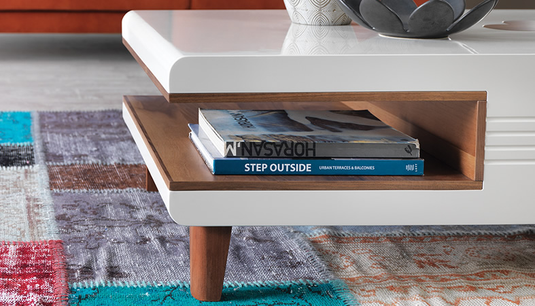 Translation missing: en.Mango Wood Coffee Table with Drawer &amp; Open Shelf – White &amp; Brown 