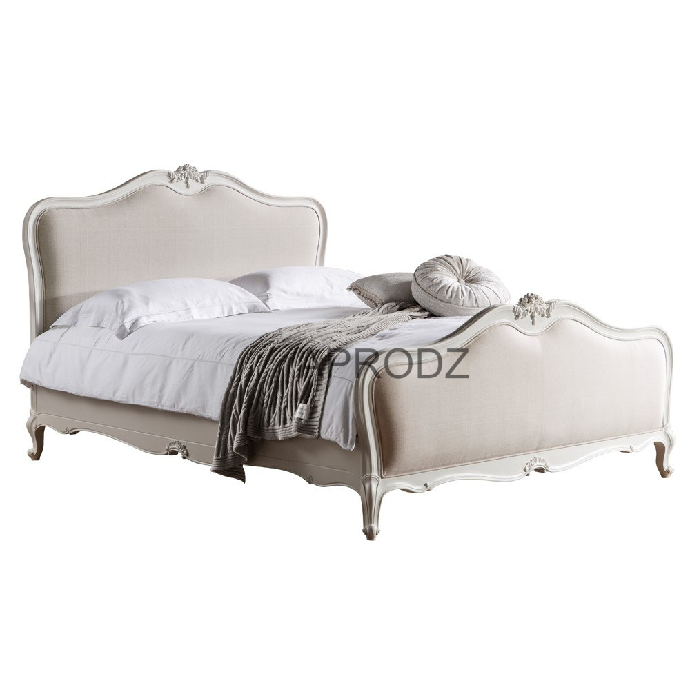 Hand Carved French Mango Wood Upholstered Bed  (Solid Wood - Linen Beige Fabric + White Finish) 