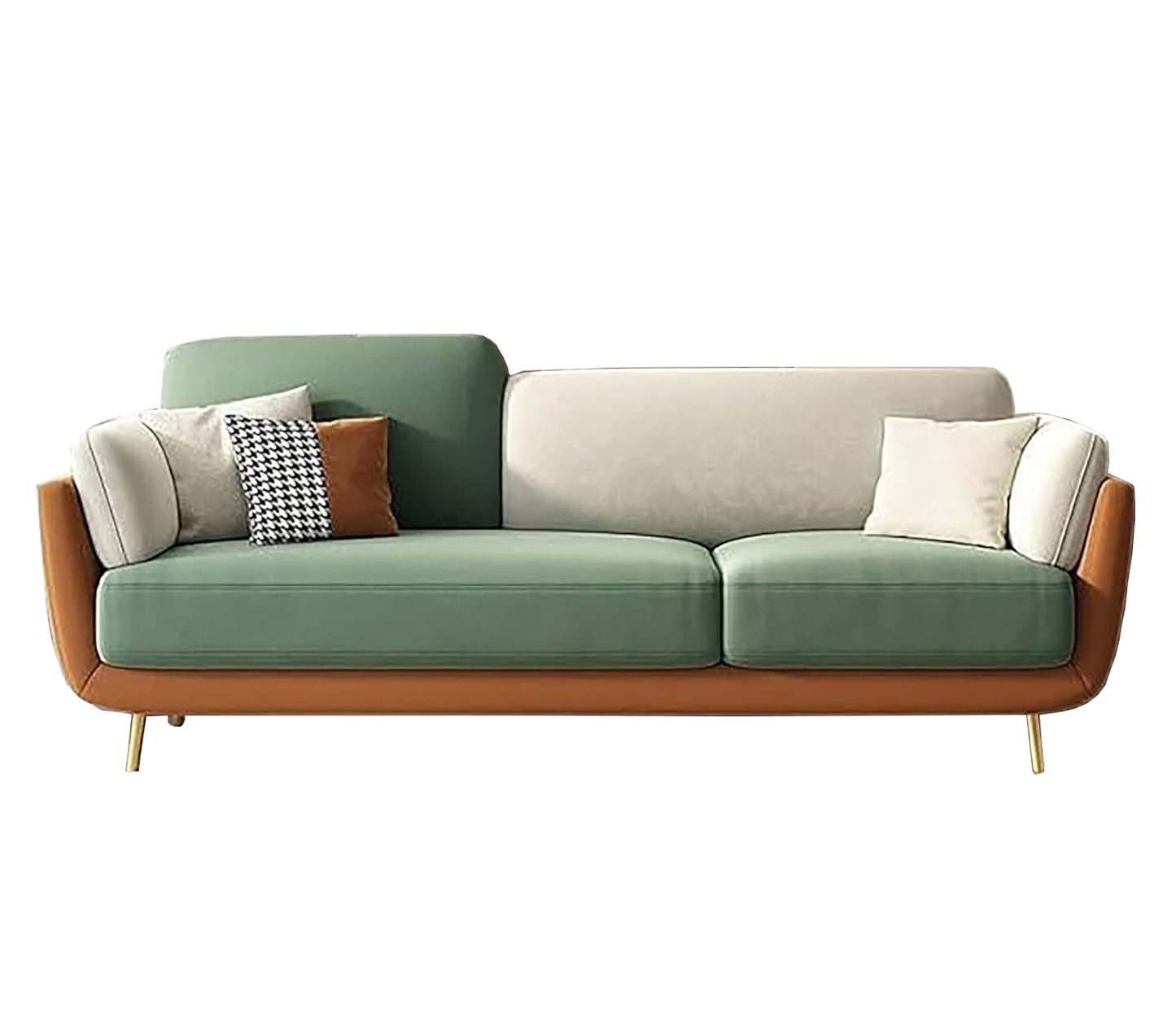 Aprodz  Luxelle Earthy Colourblock 3-Seater Sofa – Sage Green, Beige & Tan Fabric Couch | Gold Metal Legs | Removable Cushions | Stylish Modern Sofa for Living Room