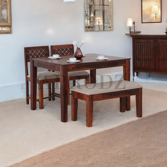 Sheesham Wood Durque 4 Seater Dining Table Set with 1 Bench and 2 Chair for Home | Dining Furniture