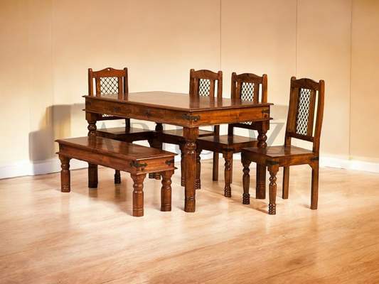 Sheesham Wood Reyk 6 Seater Dining Table Set with 1 Bench & 4 Chairs for Home Dining Room Furniture