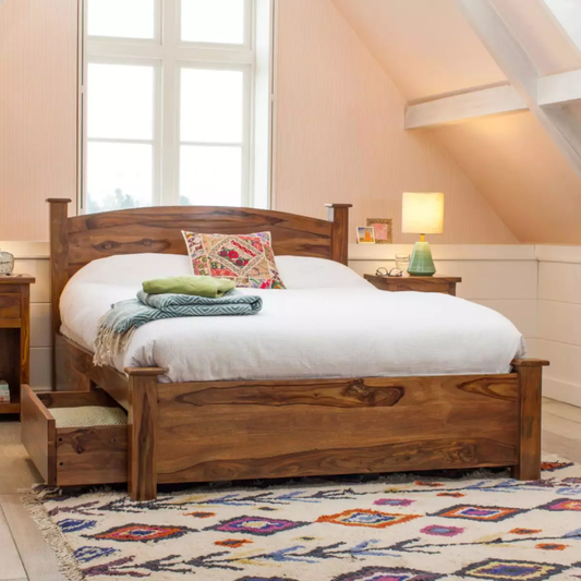 Sheesham Wood Kermit Bed with 2 Drawers for Bedroom | Brown Finish