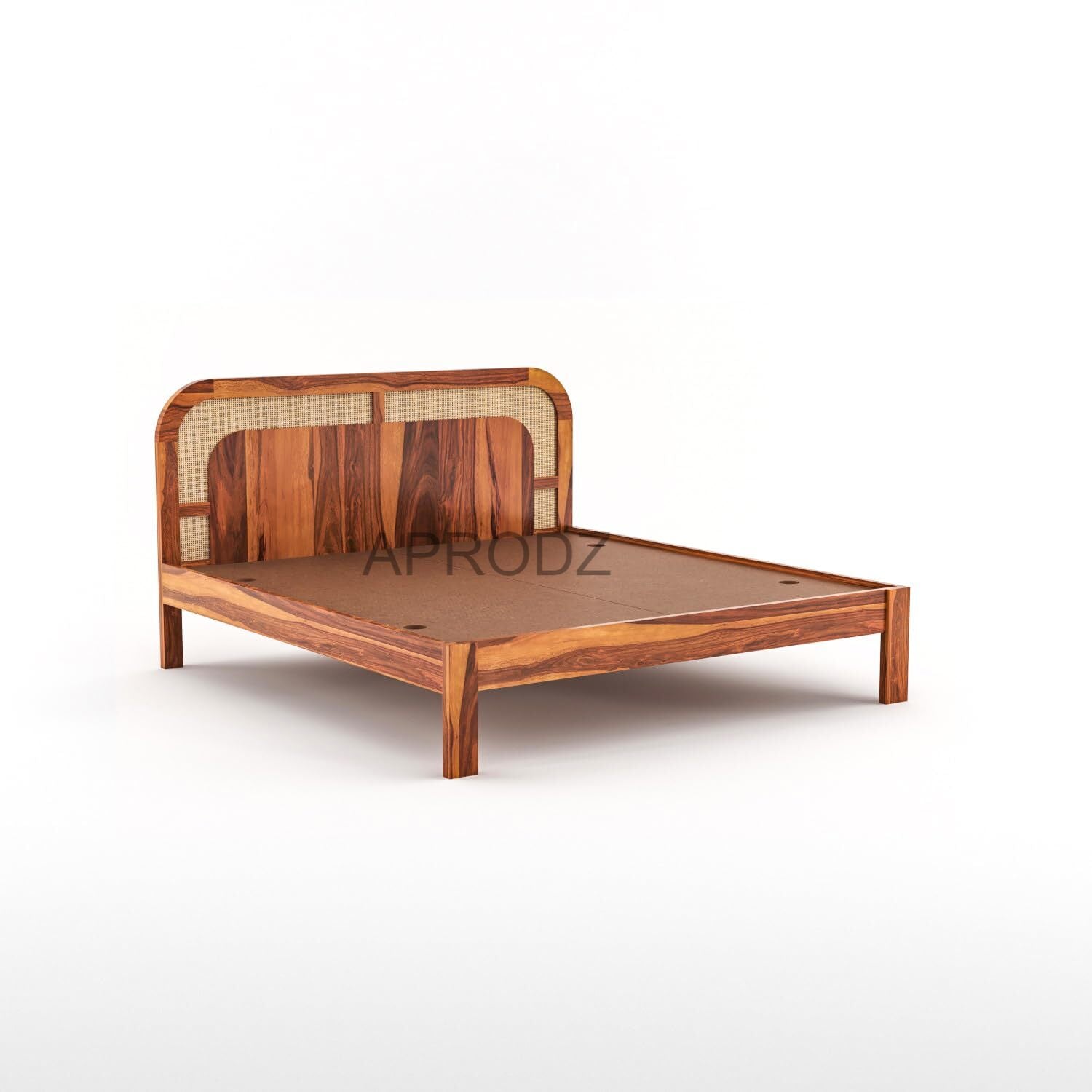 Sheesham Wood King Size & Queen Size Bed with Cane Headboard, Solid Wooden Frame 