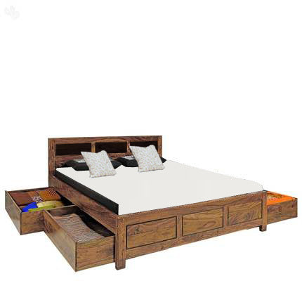 Sheesham Wood Kansas Bed with 4 Drawers for Bedroom | Brown Finish