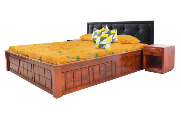 Sheesham Wood Taipei Bed with 2 Drawers and Storage Box for Bedroom | Brown Finish
