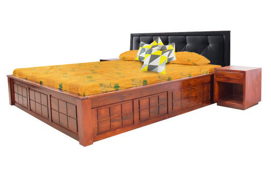 Sheesham Wood Taipei Bed with 2 Drawers and Storage Box for Bedroom | Brown Finish