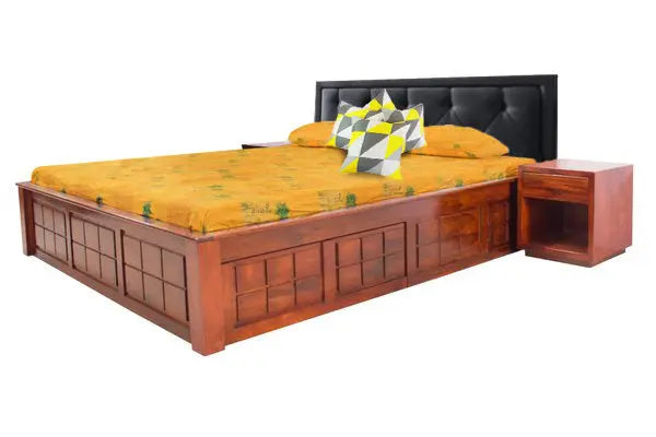 Sheesham Wood Taipei Bed with 2 Drawers and Storage Box for Bedroom | Brown Finish 