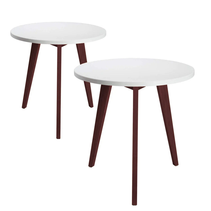 Mid-Century Modern End Table White Round Tabletop &amp; 3 Acacia Legs 
