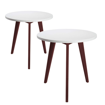 Mid-Century Modern End Table: Perfect Bedside Nightstand or Living Room Side/Accent Table - White Round Tabletop & 3 Acacia Legs- Set of 2