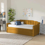 Mustard yellow Krease Upholstered Daybed with Trundle Bed in a modern room, blending functionality with bold color.