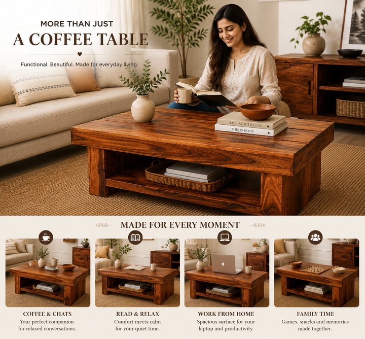 Translation missing: en.Solid Sheesham Wood Coffee Table in Teak Finish | Rustic Plank-Top Center Table with Bottom Storage Shelf for Living Room &amp; Office Lounge | Heavy Duty Wooden Tea Table 