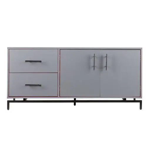 Mango Wood Lativa TV Stand Cabinet for Home | TV Unit for Living Room | Grey + Red and Black Powdercoated Finish 