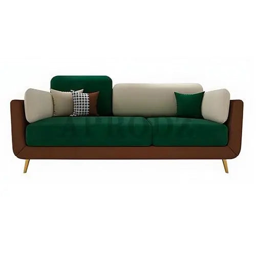 Luxelle Modern Sofa 3 Seater Velvet Sofa Set with Tufted Backrest Curved Arm Cushioned Seating Tipped Wooden Legs Couch for Living Room & Lounge (Green/Cream) 