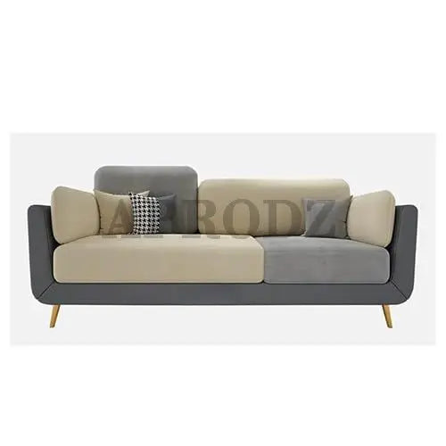 Luxelle Modern Sofa 3 Seater Velvet Upholstered Sofa Set with Tufted Backrest Cushioned Seating Tipped Gold Wooden Legs Couch for Living Room & Lounge (Beige/Grey) 