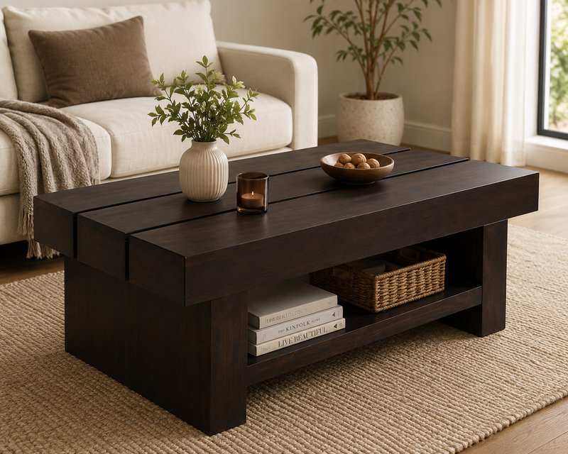 Solid Sheesham Wood Coffee Table in Teak Finish | Rustic Plank-Top Center Table with Bottom Storage Shelf for Living Room & Office Lounge | Heavy Duty Wooden Tea Table 