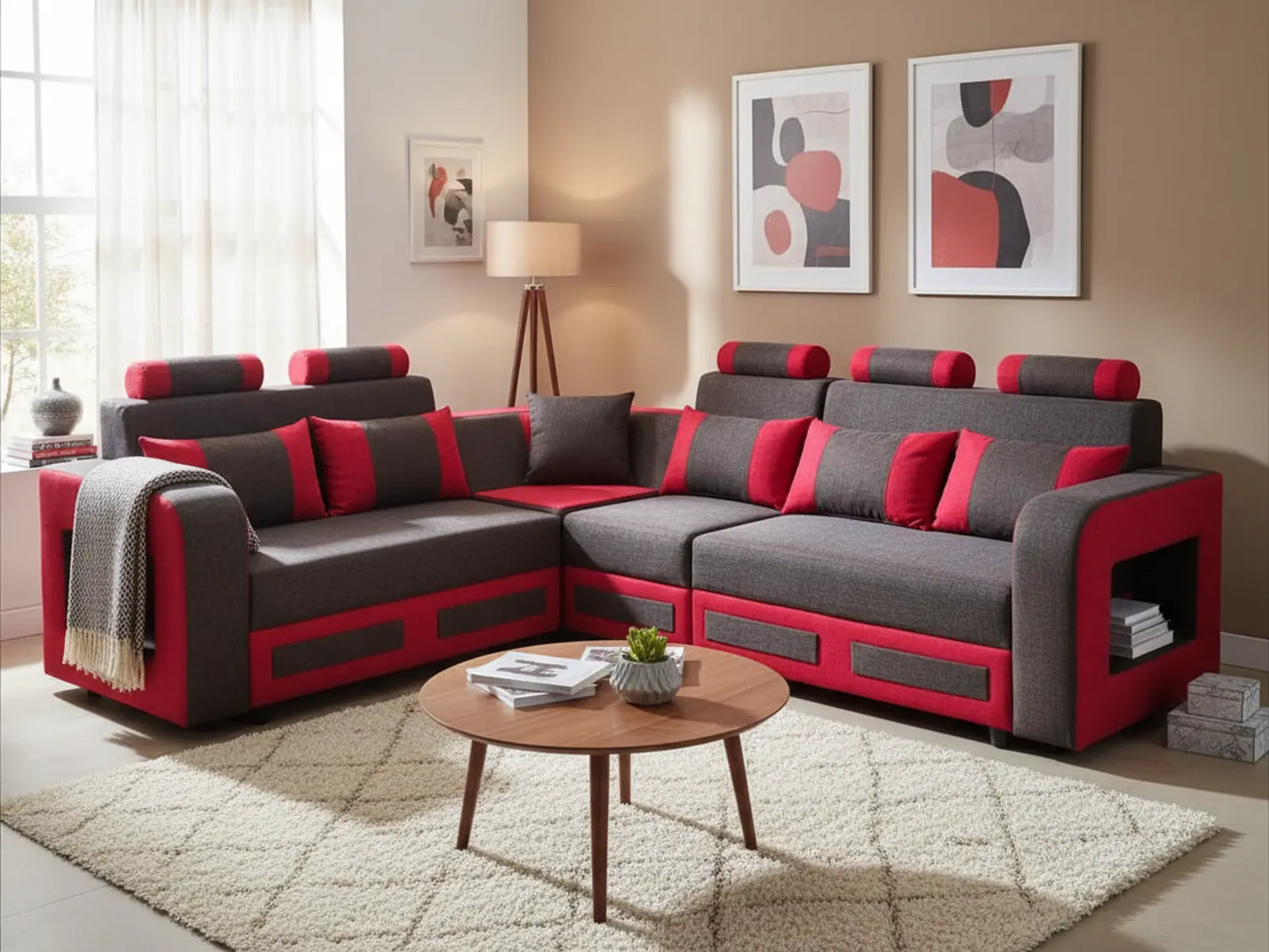 L-Shaped Sectional 6-Seater Sofa with Padded Armrest, Perfect Fabric Corner Sofa for Guests Living Room, Drawing Room, Office & Lounge (Grey/Red) 