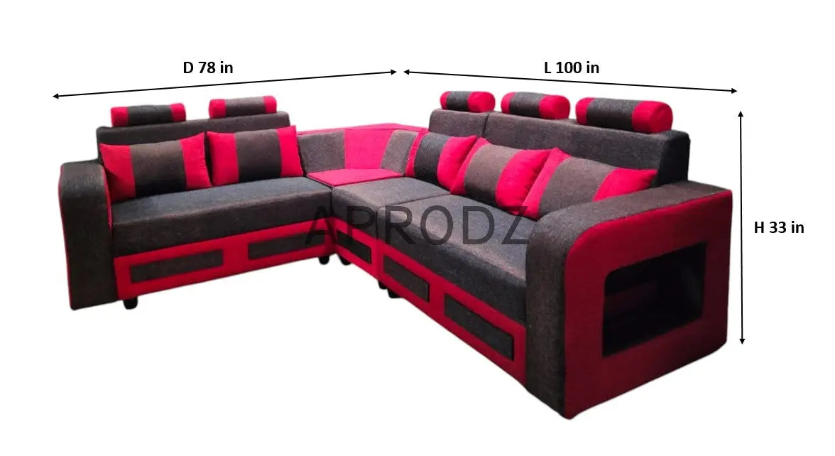L-Shaped Sectional 6-Seater Sofa with Padded Armrest, Perfect Fabric Corner Sofa for Guests Living Room, Drawing Room, Office & Lounge (Grey/Red) 