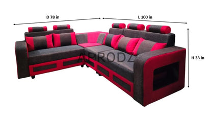 L-Shaped Sectional 6-Seater Sofa with Padded Armrest, Perfect Fabric Corner Sofa for Guests Living Room, Drawing Room, Office & Lounge (Grey/Red) 