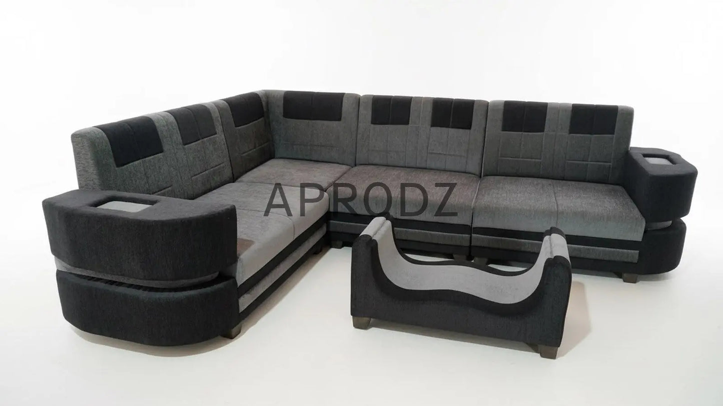 Modern L-Shaped Sectional 7-Seater Sofa with Coffee Table Padded Armrest Perfect Fabric Corner Sofa for Guests Living Room, Drawing Room, Office & Lounge Grey and Black 